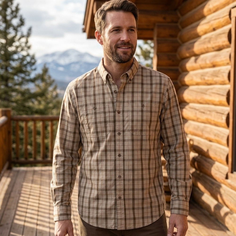 Mountain Khakis Mens Plaid Button Down Shirt Tan Brown Classic Fit Medium